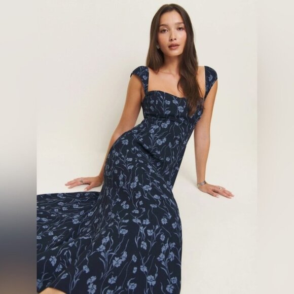 NEW Reformation  Bryson Midi Short Sleeve Dress in Georgia Blue Floral | size 4 - Picture 1 of 13